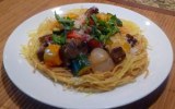 Sauteed Chicken Sausage and Veggies with Whole Wheat Thin Spaghetti and Spaghetti Squash