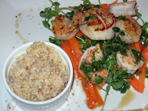 Seared Scallops and Shrimp in a Nest of Pea Shoots and Carrots with Cilantro-Lime Vinaigrette