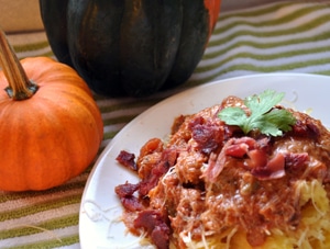Spaghetti Squash with Spicy Garden Sauce and Bacon