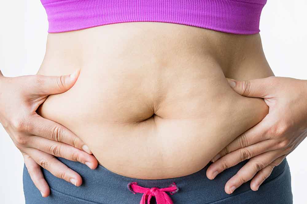 image of a woman holding and pinching belly fat on her stomach