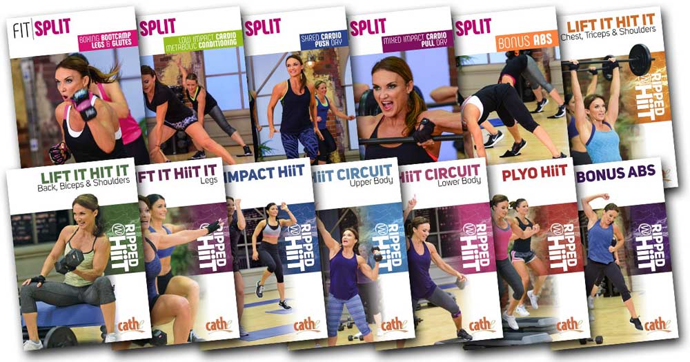 image of video covers used in Cathe Friedrich's Fit Split and Ripped With HiiT workout rotation