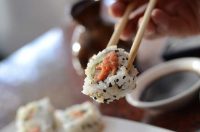 image of chopsticks holding Sushi