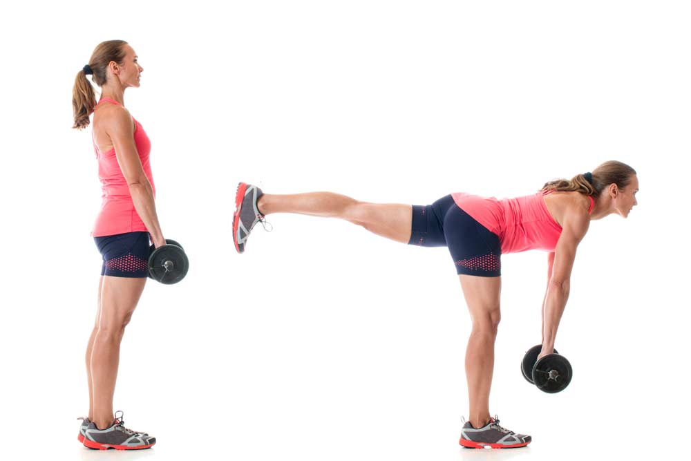 image of woman improving her balance skills while doing a single leg deadlift