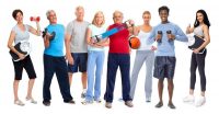 image of several adults of different ages holding different pieces of exercise equipment