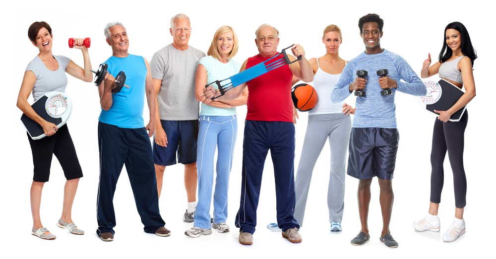 image of several adults of different ages holding different pieces of exercise equipment helping them prevent loss of muscle as they age.