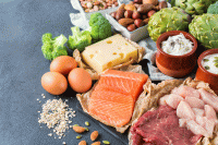 image of assortment of healthy protein source and body building food. Meat beef salmon chicken breast eggs dairy products cheese yogurt beans artichokes broccoli nuts oat meal