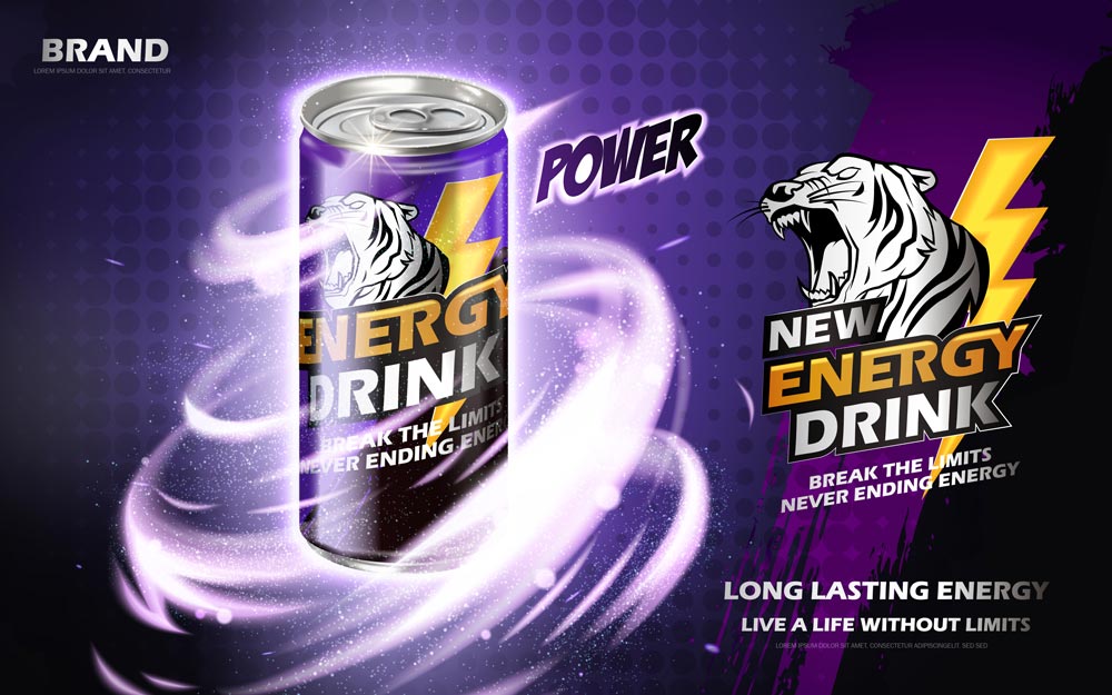 image of energy drink contained in metal can with mysterious twister element, purple background