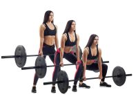 Young athletic brunette woman doing deadlifts with a barbell on white isolated background, front view, three positions