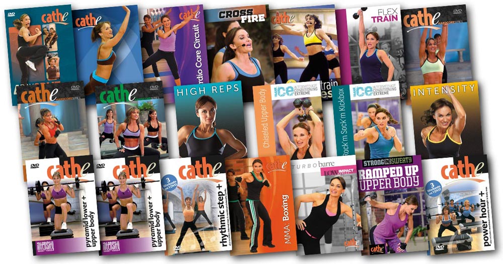 Video cover images of all the workout used in Cathe Friedrich's June 2018 Workout Rotation