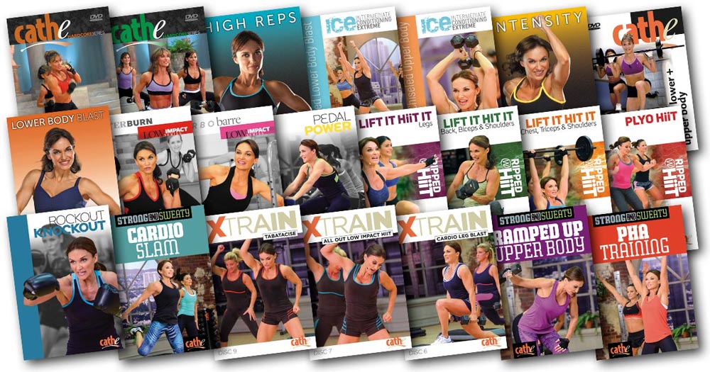 images of all the DVD covers of all the workouts used in Cathe's July 2018 workout rotation