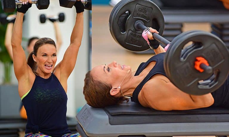 Cathe Friedrich doing a overhead press and a bench press