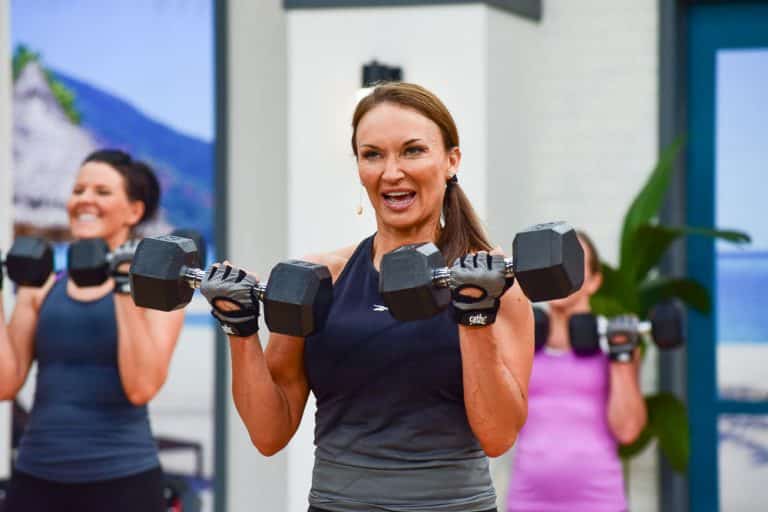 Cathe Friedrich doing Dumbbell drop sets