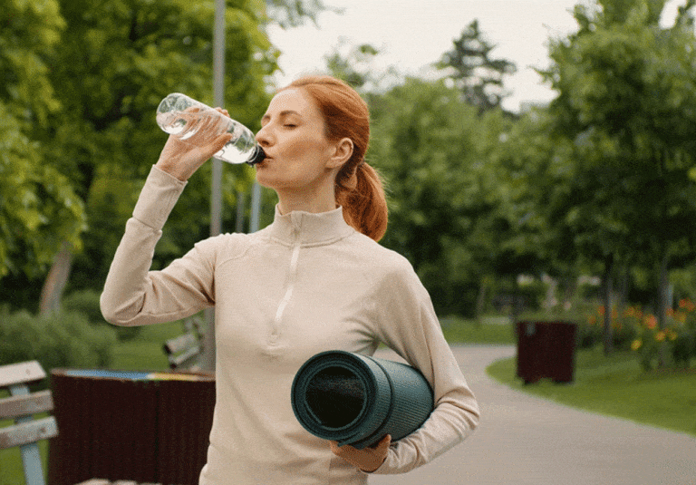 Drinking water from a plastic water bottle